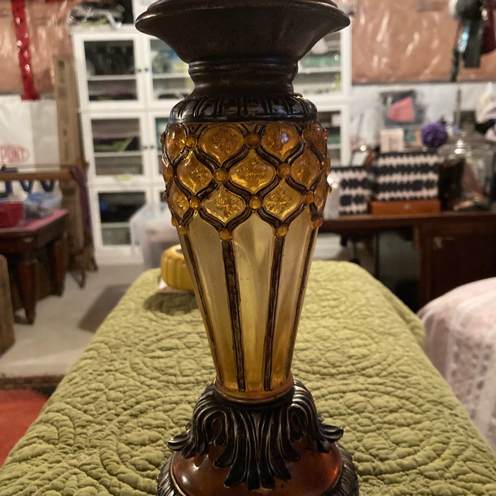 Faux stained glass sheer pillar candle holder. Amber and Cognac tones Beautiful